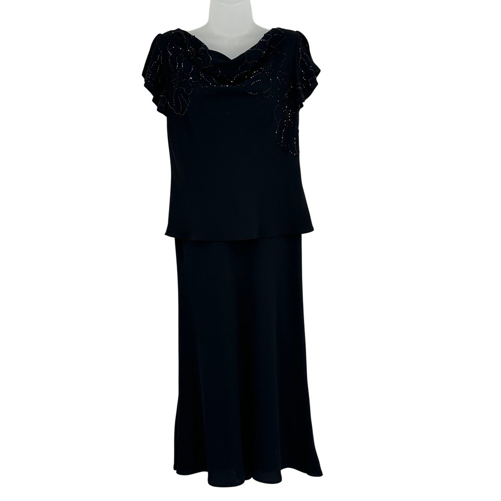 SL Fashions Black Beaded Cowl Neck Maxi Dress Short Sleeve Size 12 Made in USA